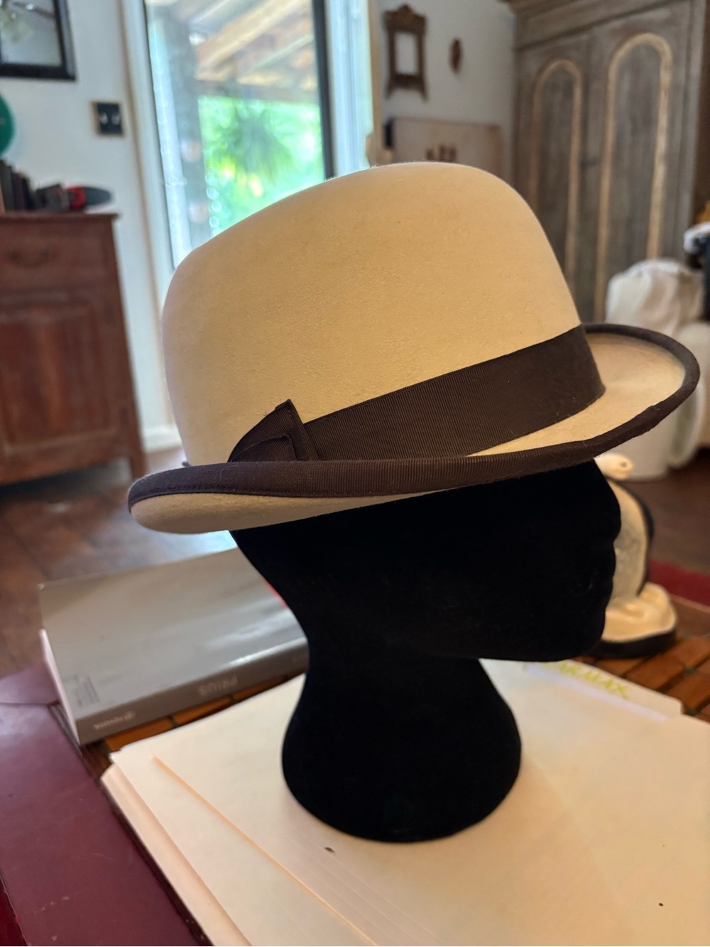 Classic Cream Bowler Hat with Brown Trim